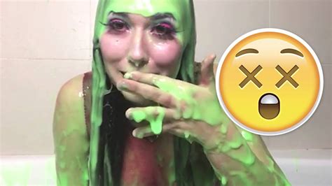 Brunette milf gets covered in <b>slime</b> after eating a gloryhole dildo 04:59. . Slime porn